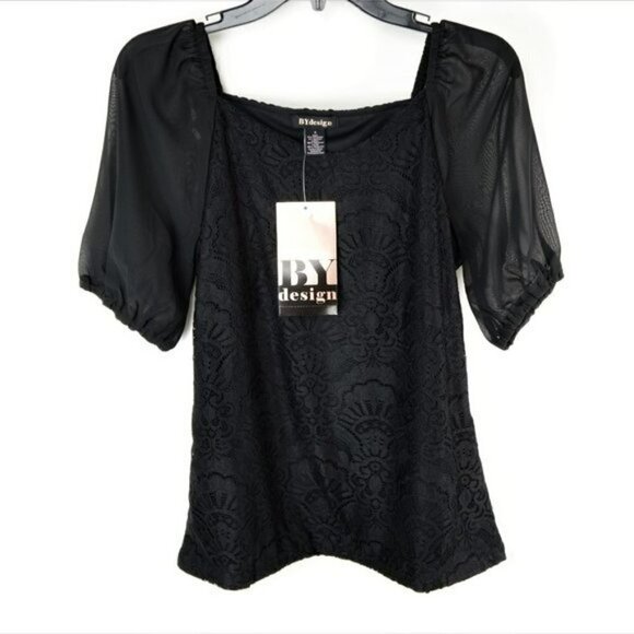 NWT BY DESIGN Sheer Lace Overlay Stretch Puff Sleeve Sweetheart Blouse Top - Picture 3 of 4